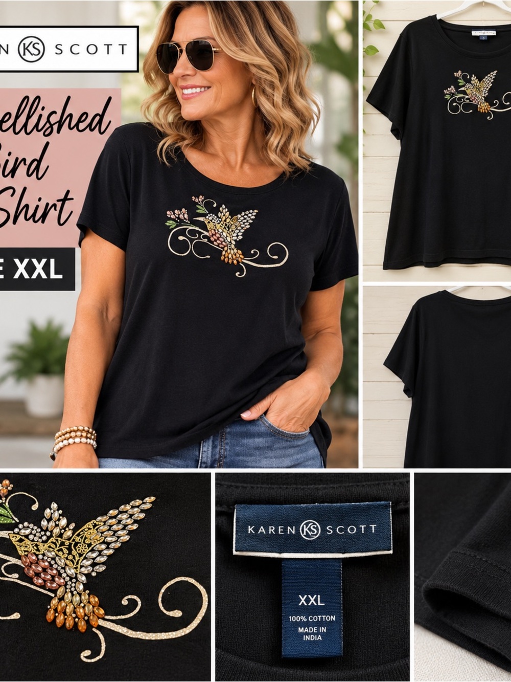 Karen Scott Black Long-Sleeve Top with Jeweled Floral Applique